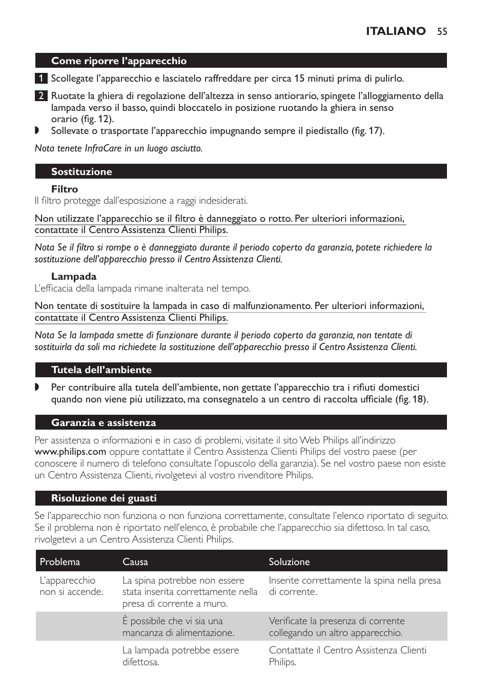 Filtro, Lampada, Sostituzione | Tutela dell’ambiente, Garanzia e assistenza, Risoluzione dei guasti | Philips Lámpara de infrarrojos InfraCare User Manual | Page 55 / 96