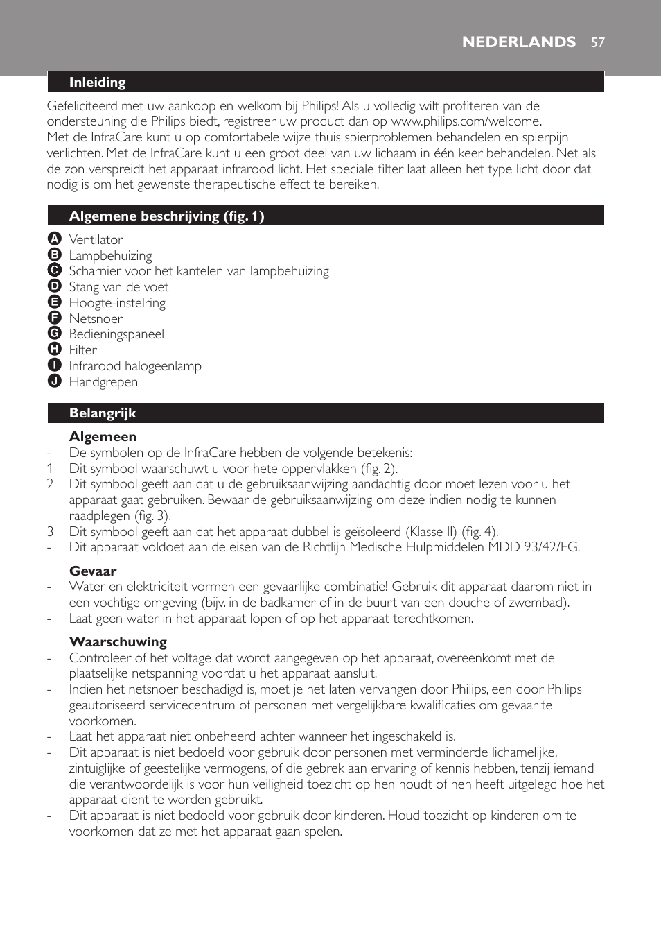 Algemeen, Gevaar, Waarschuwing | Let op, Nederlands, Inleiding, Algemene beschrijving (fig. 1), Belangrijk | Philips Lámpara de infrarrojos InfraCare User Manual | Page 57 / 96