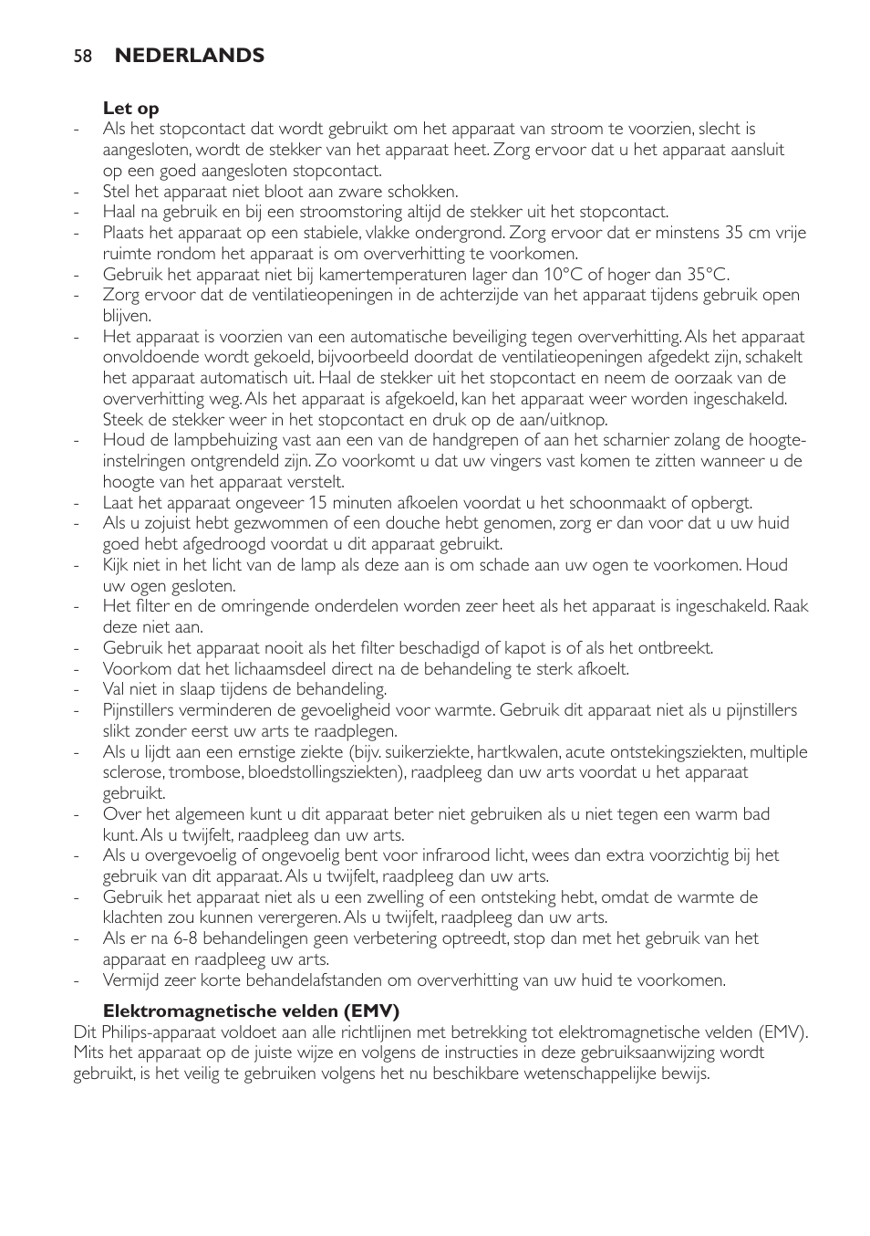 Elektromagnetische velden (emv), Het apparaat gebruiken, Het effect van de infracare | Philips Lámpara de infrarrojos InfraCare User Manual | Page 58 / 96