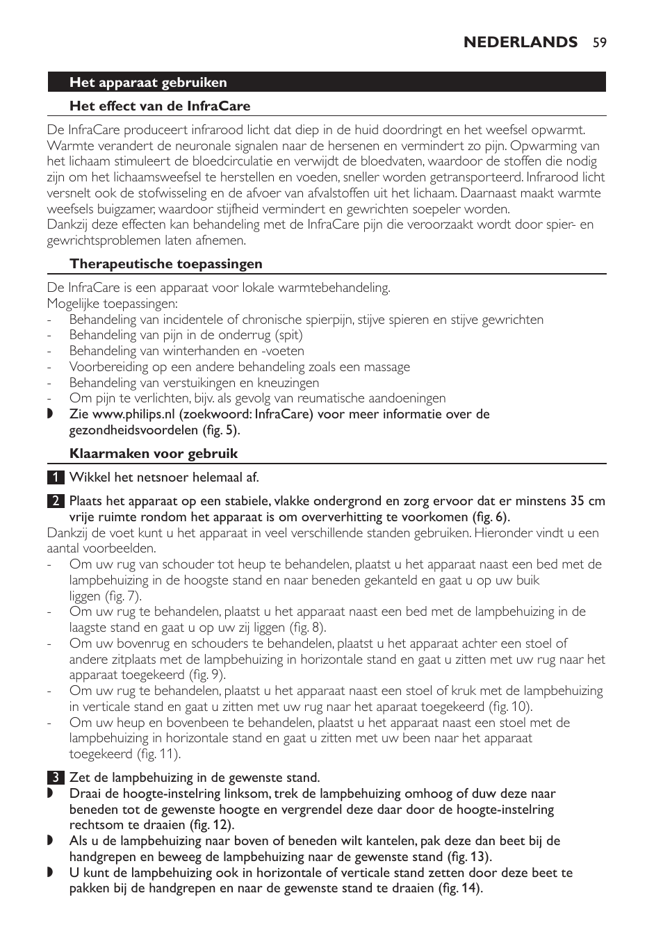 Therapeutische toepassingen, Klaarmaken voor gebruik | Philips Lámpara de infrarrojos InfraCare User Manual | Page 59 / 96