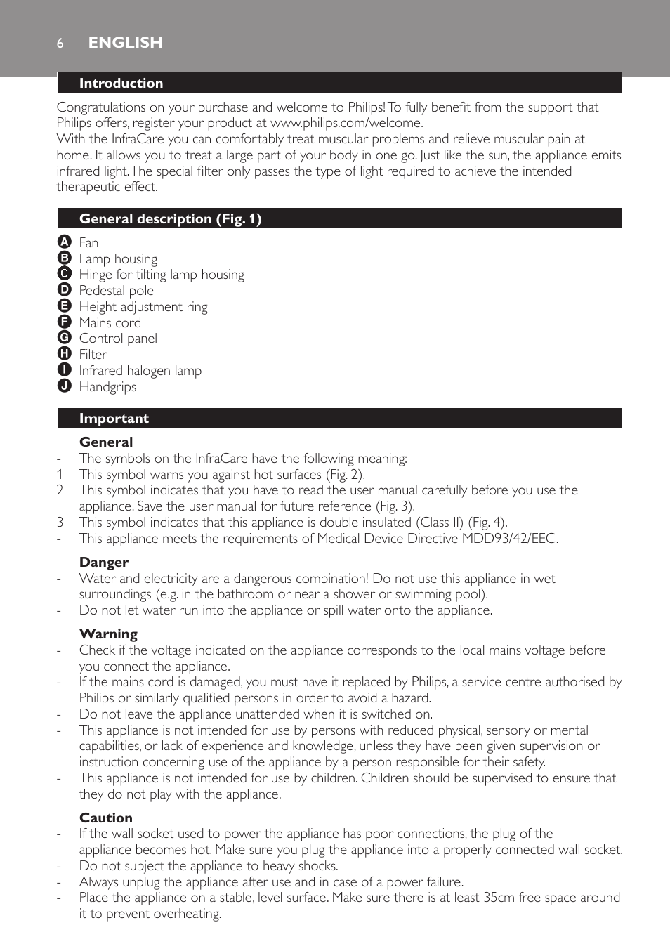 English, Introduction, General description (fig. 1) | Important, General, Danger, Warning, Caution | Philips Lámpara de infrarrojos InfraCare User Manual | Page 6 / 96