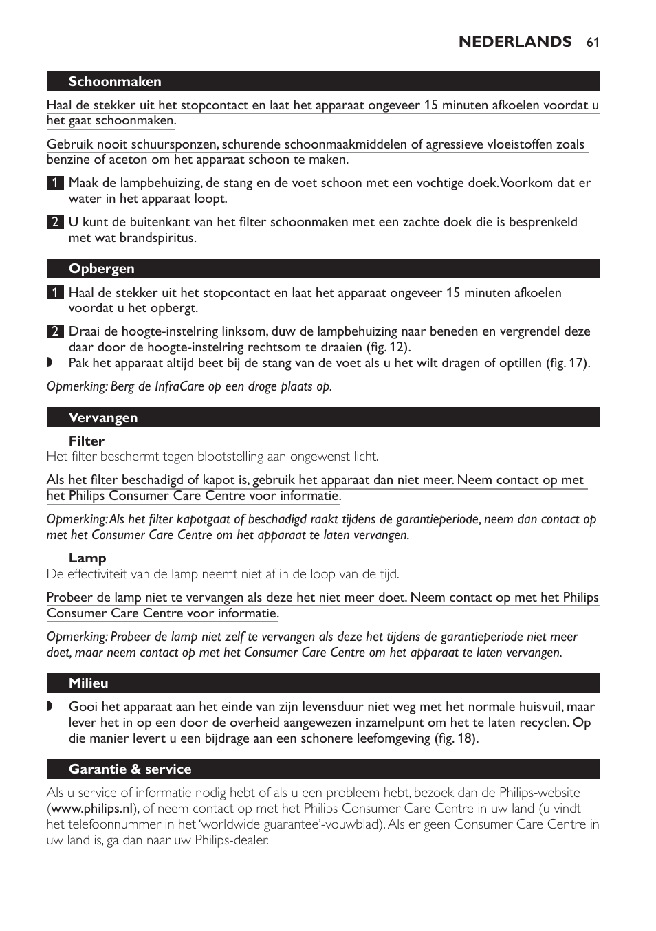 Filter, Lamp, Opbergen | Vervangen, Milieu, Garantie & service, Problemen oplossen | Philips Lámpara de infrarrojos InfraCare User Manual | Page 61 / 96