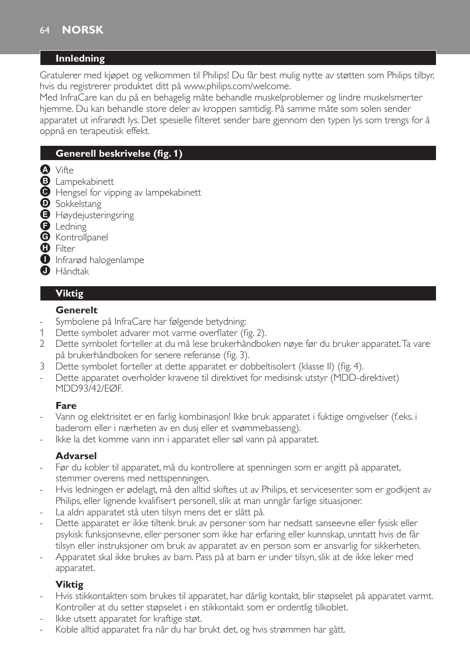 Generelt, Fare, Advarsel | Viktig, Norsk, Innledning, Generell beskrivelse (fig. 1) | Philips Lámpara de infrarrojos InfraCare User Manual | Page 64 / 96