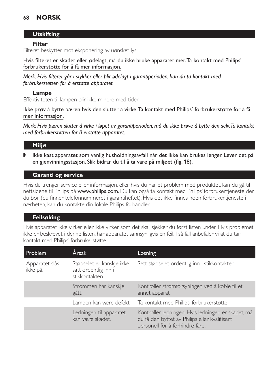 Filter, Lampe, Utskifting | Miljø, Garanti og service, Feilsøking, Spesifikasjoner | Philips Lámpara de infrarrojos InfraCare User Manual | Page 68 / 96