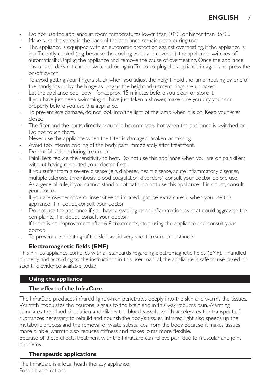 Electromagnetic fields (emf), Using the appliance, The effect of the infracare | Therapeutic applications | Philips Lámpara de infrarrojos InfraCare User Manual | Page 7 / 96