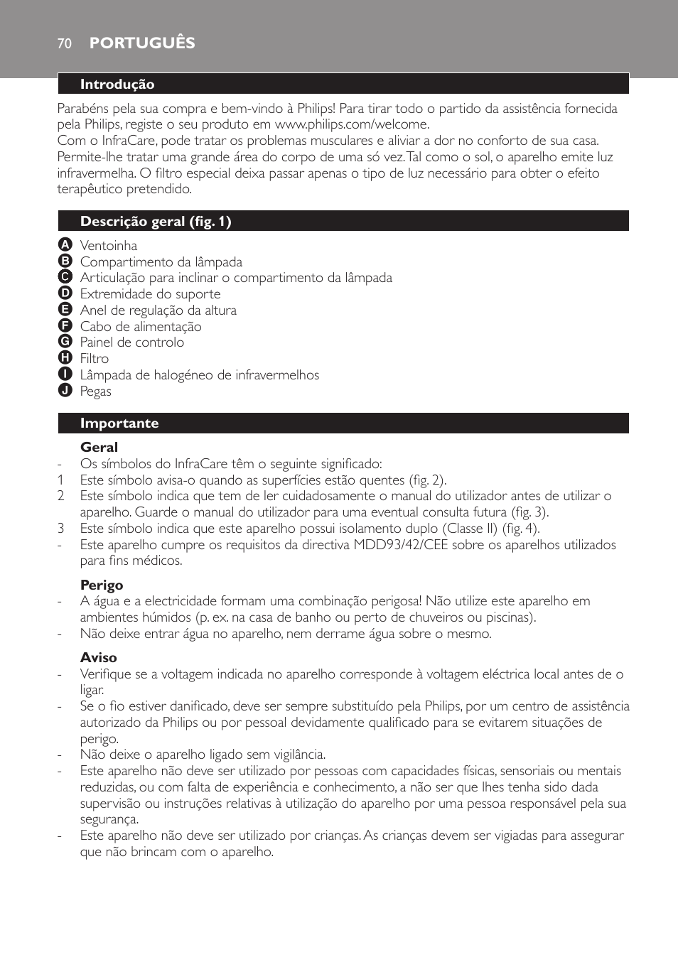 Geral, Perigo, Aviso | Cuidado, Português, Introdução, Descrição geral (fig. 1), Importante | Philips Lámpara de infrarrojos InfraCare User Manual | Page 70 / 96