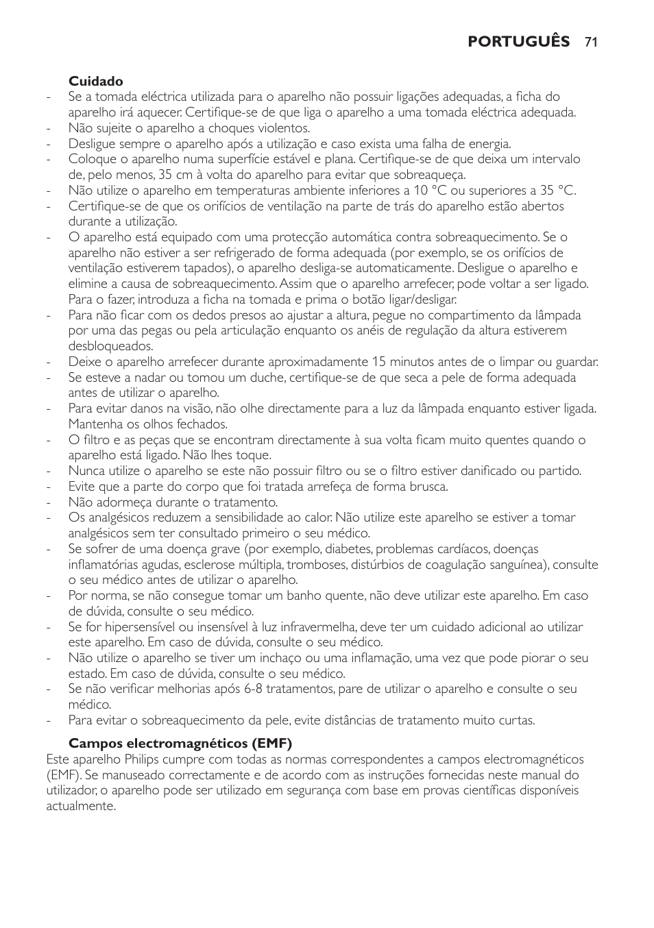 Campos electromagnéticos (emf), Utilizar o aparelho, O efeito do infracare | Philips Lámpara de infrarrojos InfraCare User Manual | Page 71 / 96