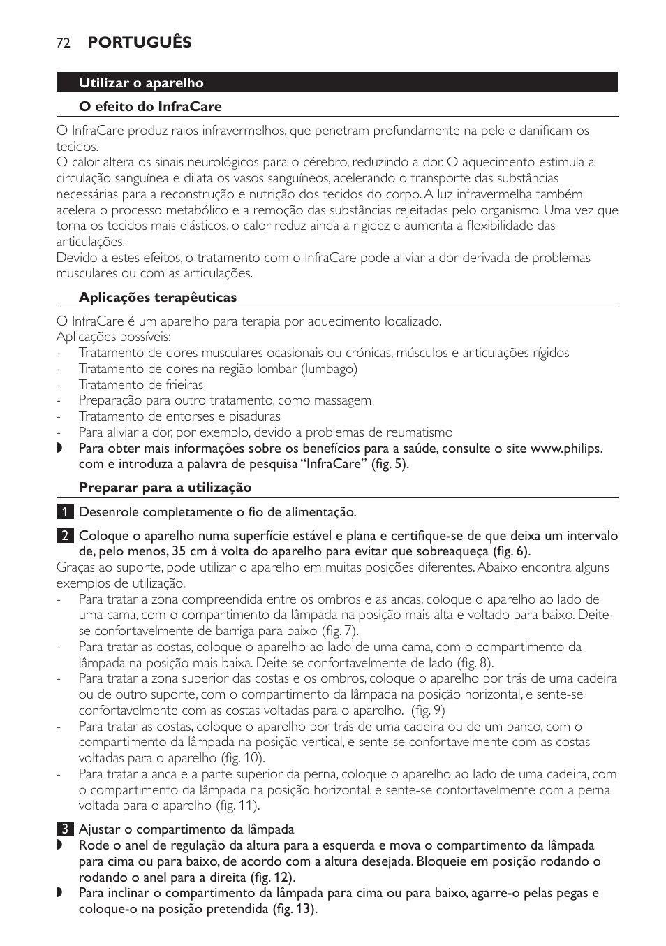 Aplicações terapêuticas, Preparar para a utilização | Philips Lámpara de infrarrojos InfraCare User Manual | Page 72 / 96