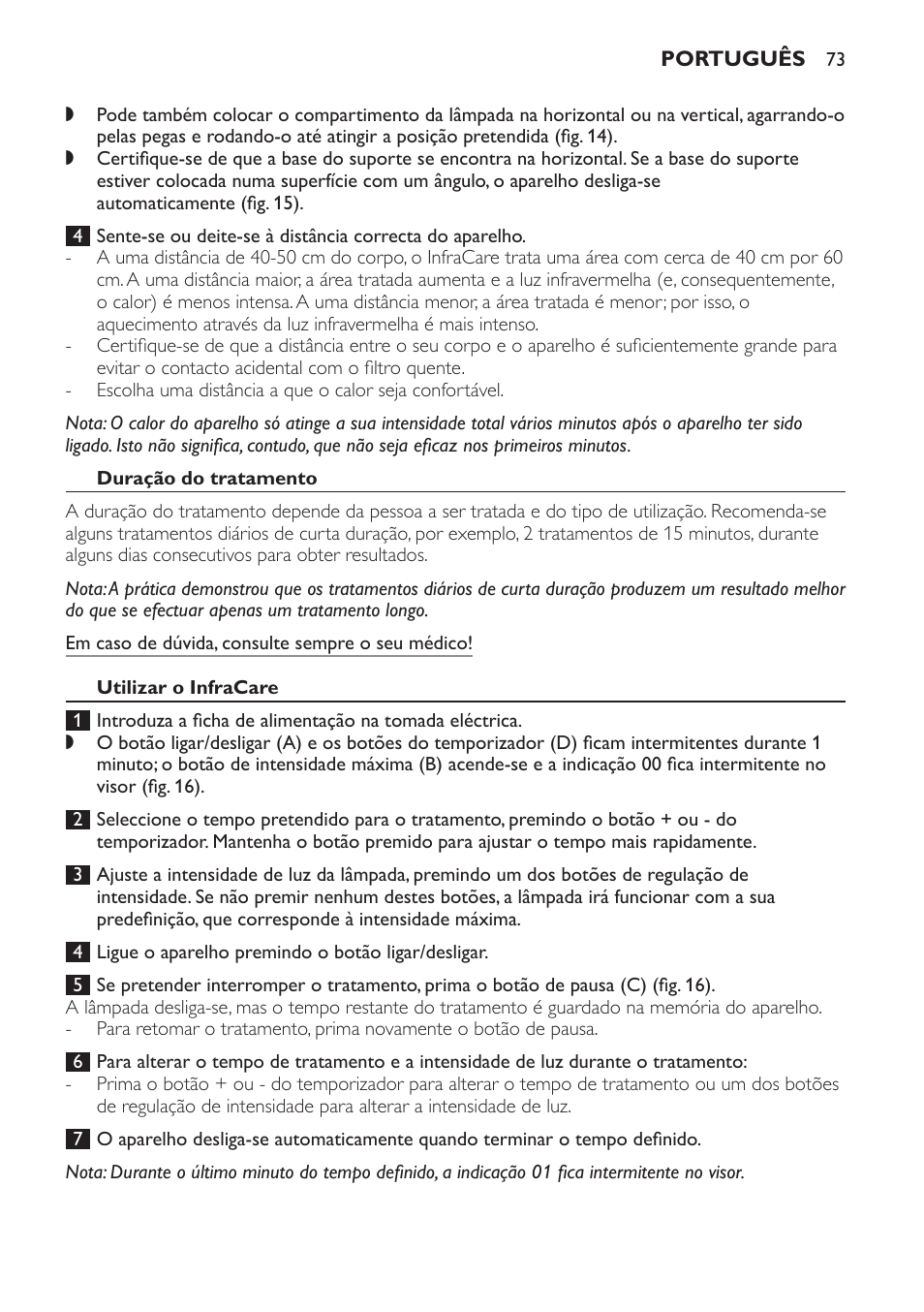 Duração do tratamento, Utilizar o infracare, Limpeza | Philips Lámpara de infrarrojos InfraCare User Manual | Page 73 / 96