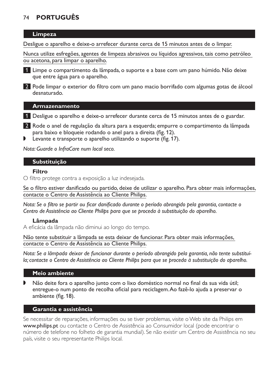 Filtro, Lâmpada, Armazenamento | Substituição, Meio ambiente, Garantia e assistência, Resolução de problemas | Philips Lámpara de infrarrojos InfraCare User Manual | Page 74 / 96