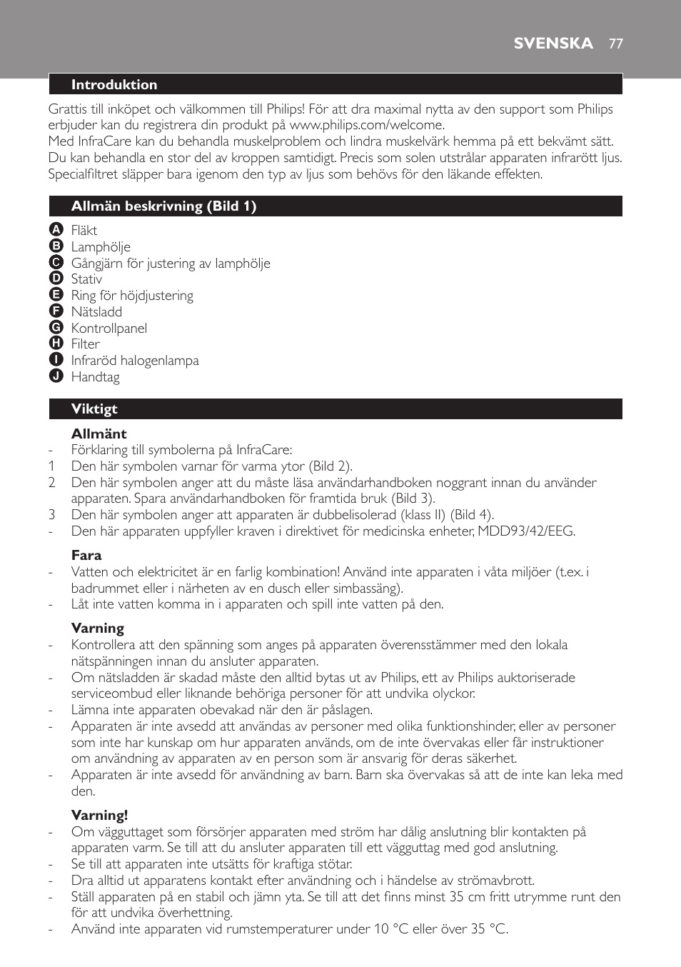 Allmänt, Fara, Varning | Svenska, Introduktion, Allmän beskrivning (bild 1), Viktigt | Philips Lámpara de infrarrojos InfraCare User Manual | Page 77 / 96