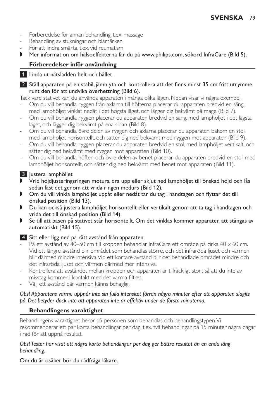 Förberedelser inför användning, Behandlingens varaktighet | Philips Lámpara de infrarrojos InfraCare User Manual | Page 79 / 96
