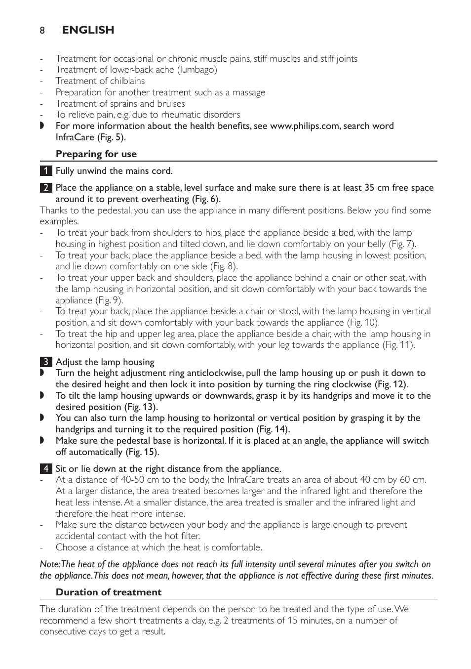 Preparing for use, Duration of treatment | Philips Lámpara de infrarrojos InfraCare User Manual | Page 8 / 96