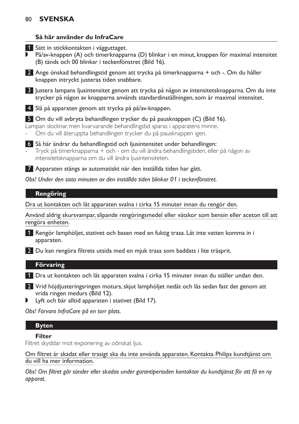 Så här använder du infracare, Filter, Lampa | Rengöring, Förvaring, Byten | Philips Lámpara de infrarrojos InfraCare User Manual | Page 80 / 96