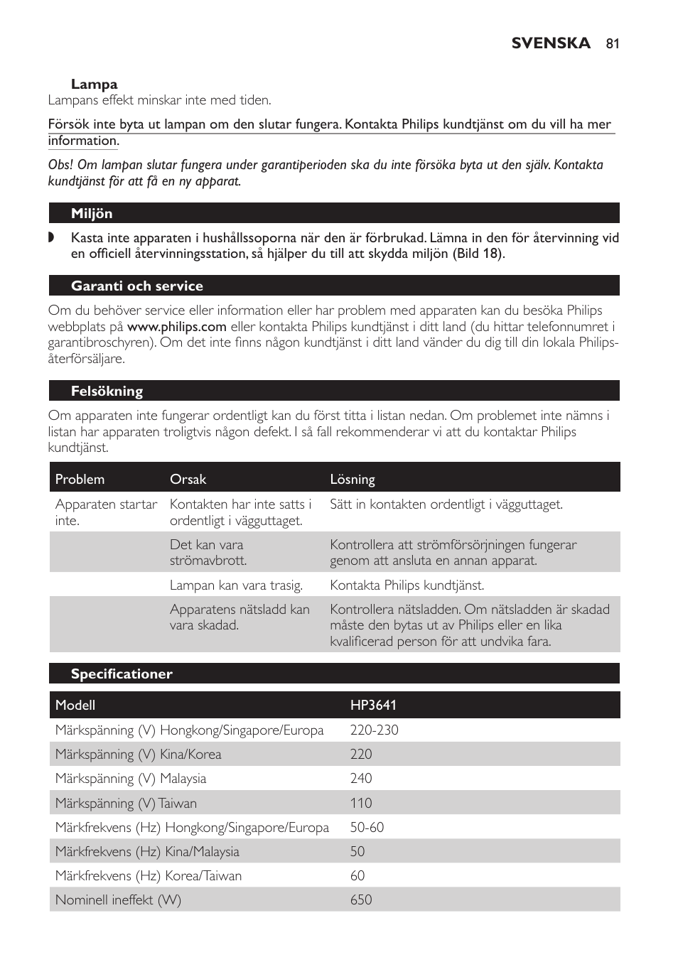 Miljön, Garanti och service, Felsökning | Specifikationer | Philips Lámpara de infrarrojos InfraCare User Manual | Page 81 / 96