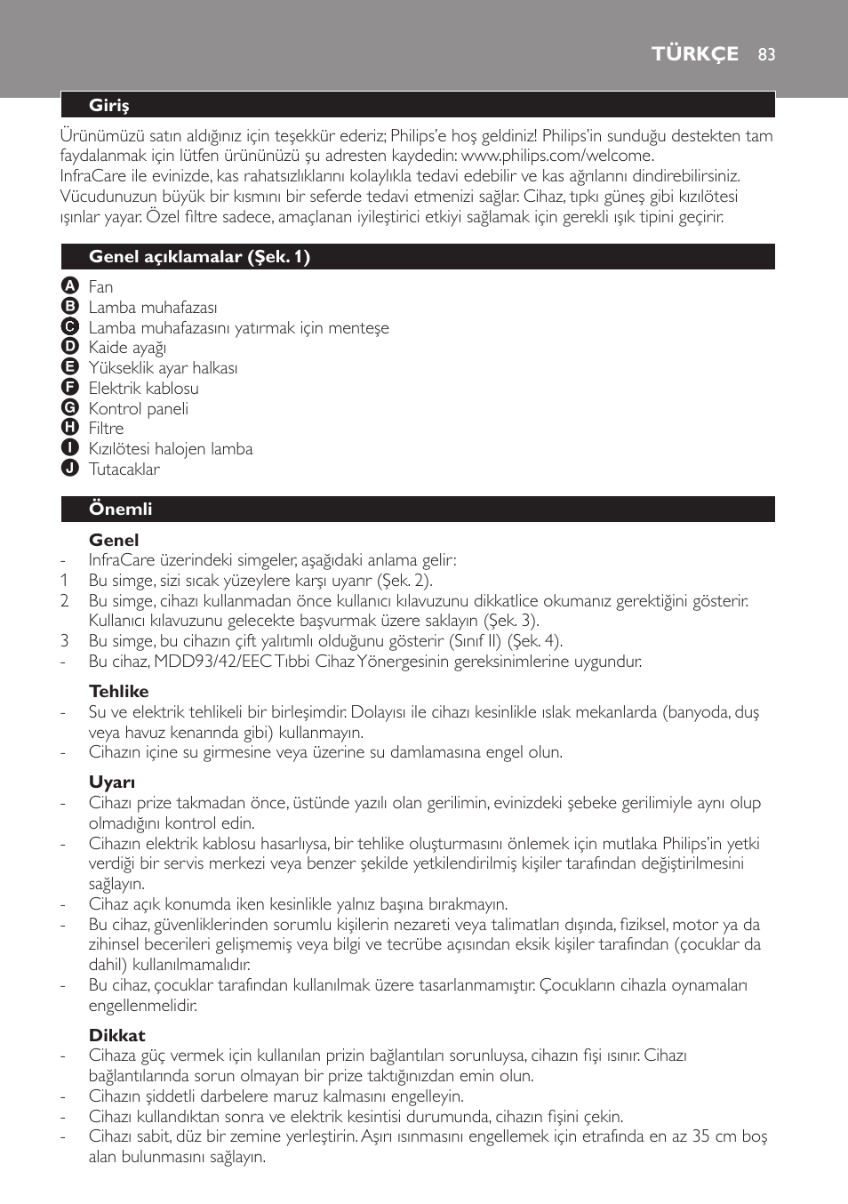 Genel, Tehlike, Uyarı | Dikkat, Türkçe, Giriş, Genel açıklamalar (şek. 1), Önemli | Philips Lámpara de infrarrojos InfraCare User Manual | Page 83 / 96