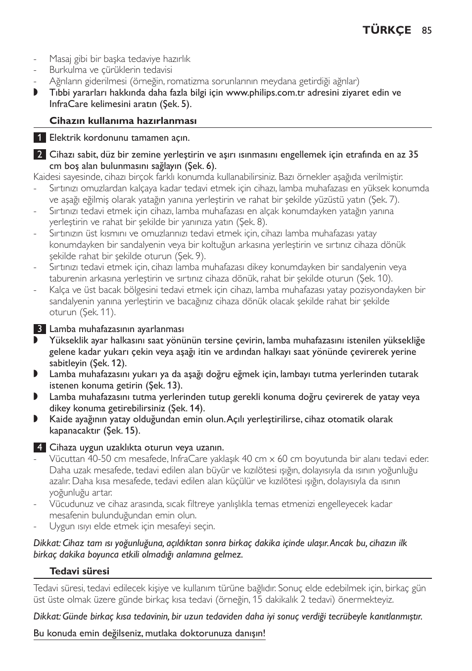 Cihazın kullanıma hazırlanması, Tedavi süresi | Philips Lámpara de infrarrojos InfraCare User Manual | Page 85 / 96