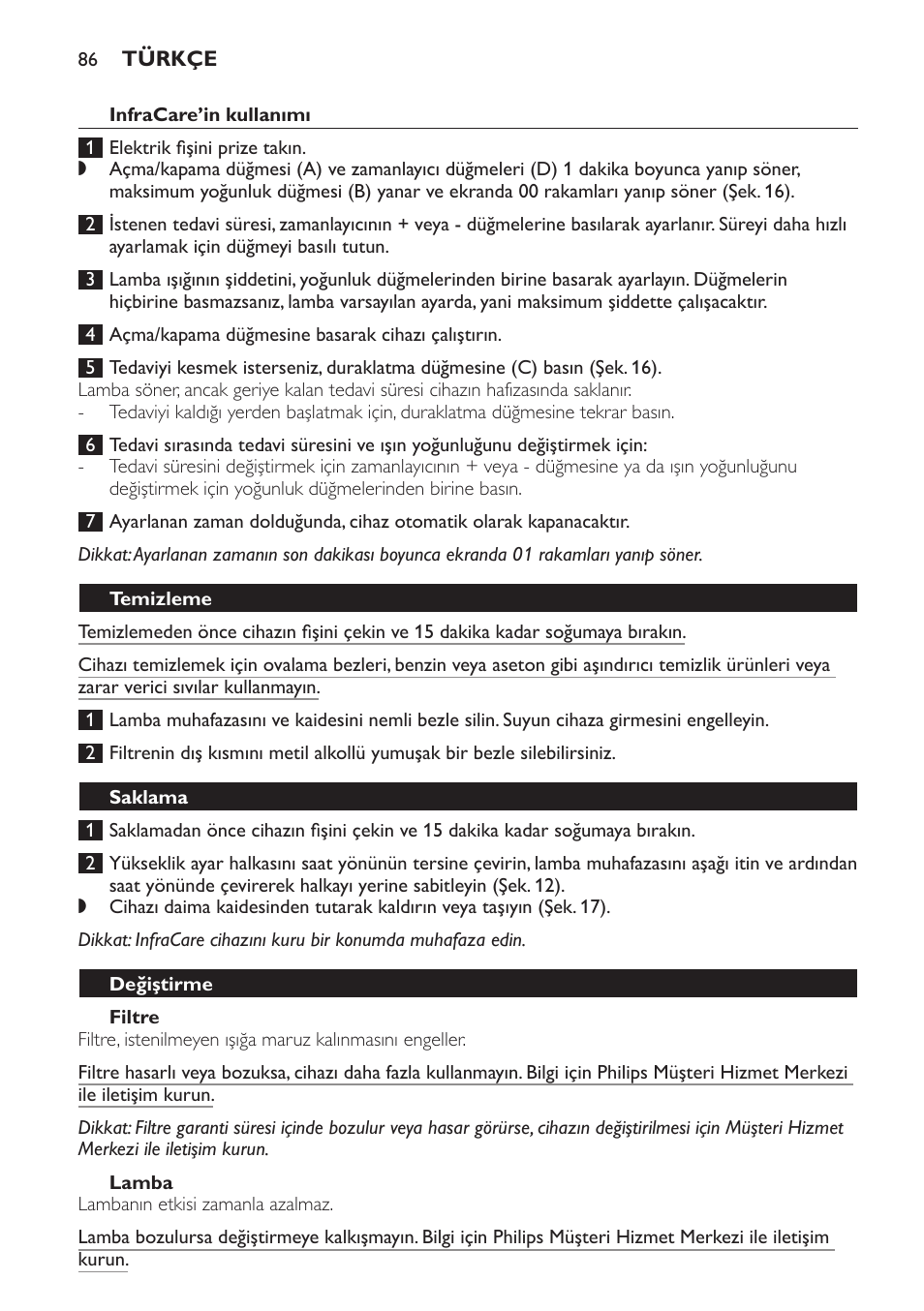 Infrafil lamba cihazının kullanımı, Filtre, Lamba | Temizleme, Saklama, Değiştirme | Philips Lámpara de infrarrojos InfraCare User Manual | Page 86 / 96