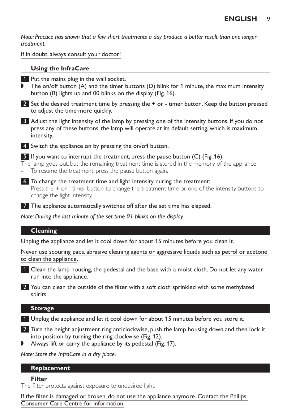 Using the infracare, Filter, Cleaning | Storage, Replacement | Philips Lámpara de infrarrojos InfraCare User Manual | Page 9 / 96