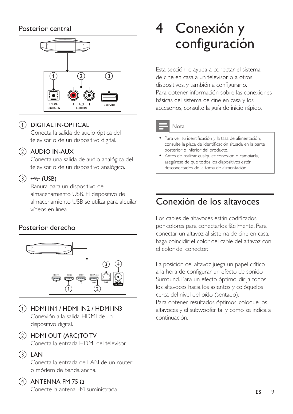 4 conexión y configuración, Conexión de los altavoces | Philips Fidelio SoundHub Sistemas de cine en casa 2.1 User Manual | Page 11 / 54