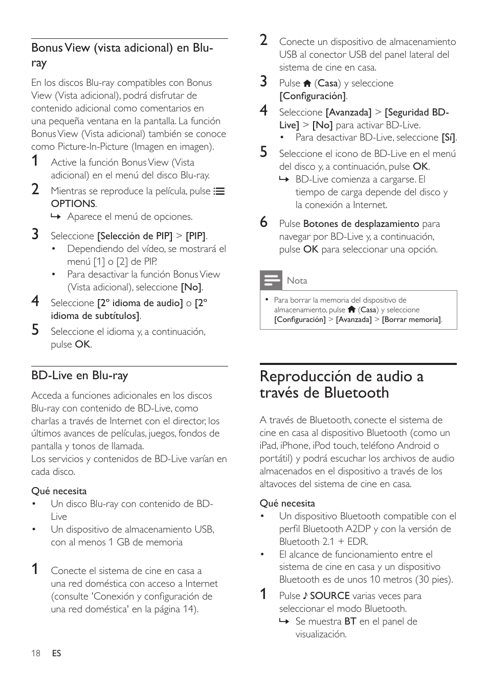 Reproducción de audio a través de bluetooth, Reproducción de audio a través de, Bluetooth 18 | Philips Fidelio SoundHub Sistemas de cine en casa 2.1 User Manual | Page 20 / 54