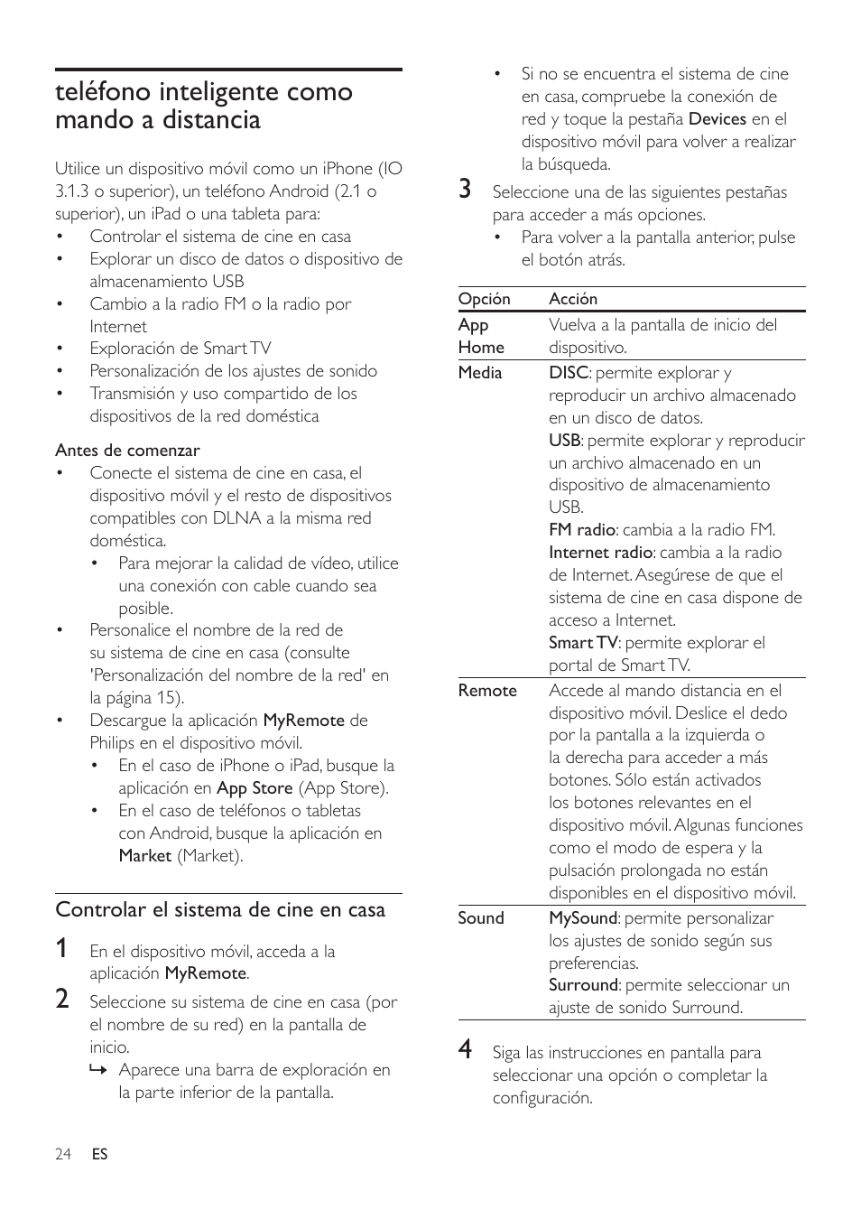 Teléfono inteligente como mando a distancia, Teléfono inteligente como mando a, Distancia 24 | Distancia (consulte 'teléf | Philips Fidelio SoundHub Sistemas de cine en casa 2.1 User Manual | Page 26 / 54