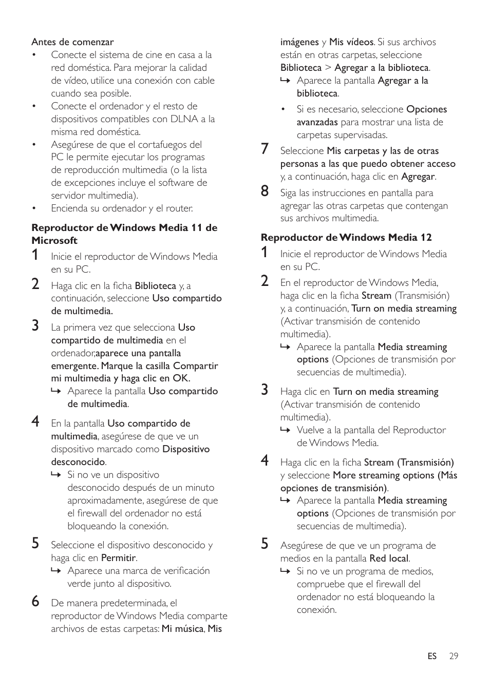 Reproductor de windows media 11, Reproductor de windows media 12 | Philips Fidelio SoundHub Sistemas de cine en casa 2.1 User Manual | Page 31 / 54