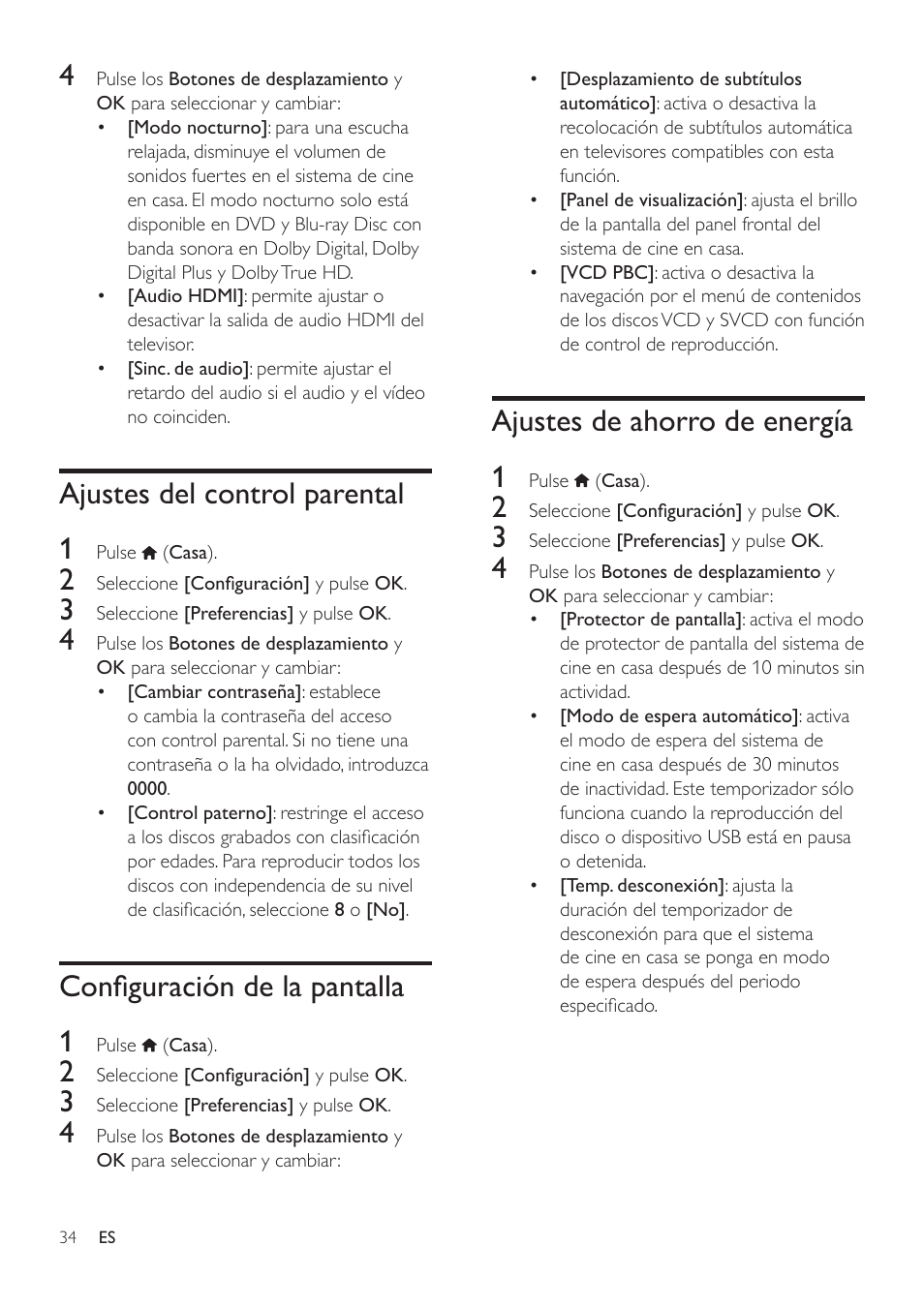 Ajustes del control parental, Configuración de la pantalla, Ajustes de ahorro de energía | Ajustes del control parental 1, Configuración de la pantalla 1, Ajustes de ahorro de energía 1 | Philips Fidelio SoundHub Sistemas de cine en casa 2.1 User Manual | Page 36 / 54