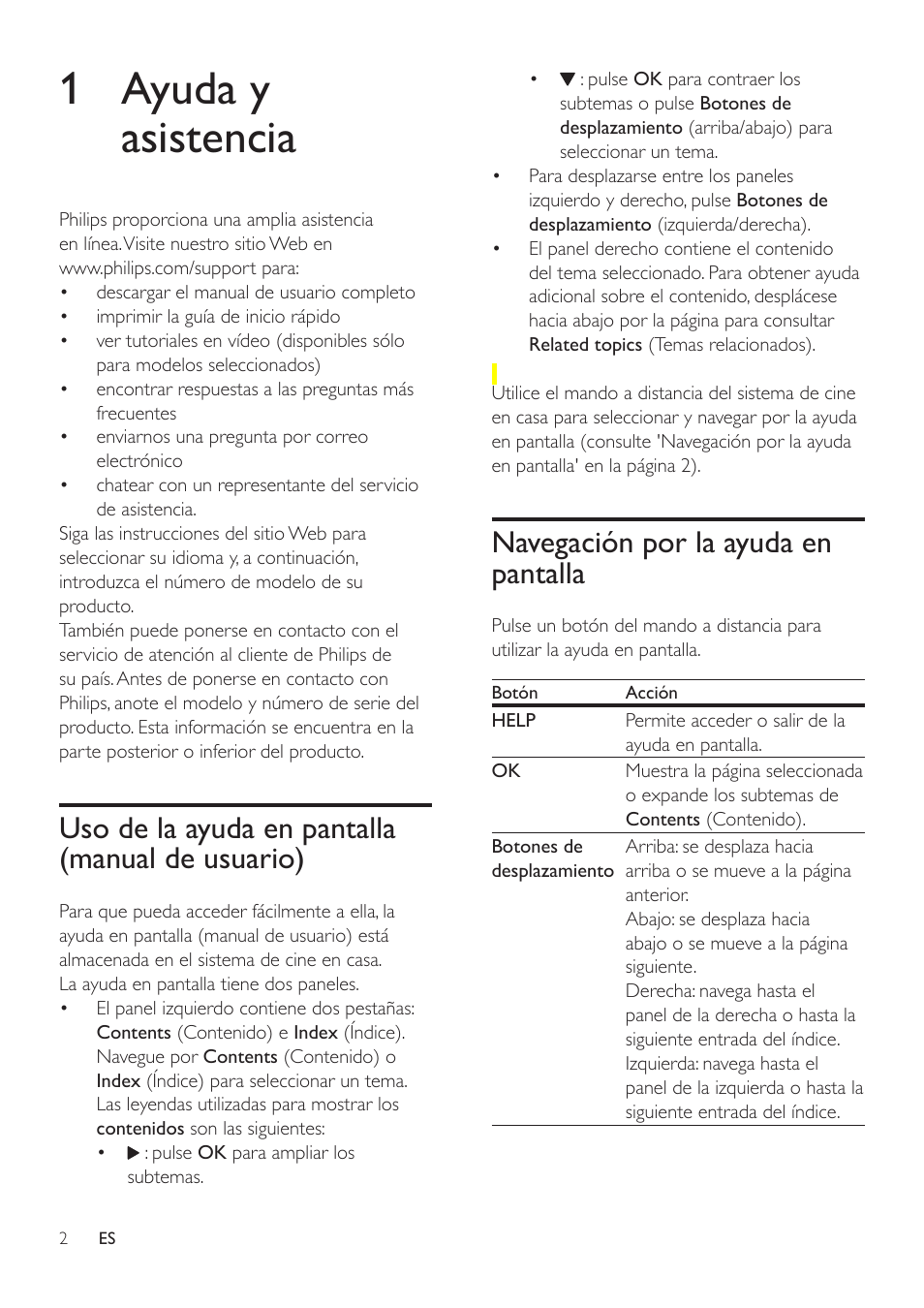 1 ayuda y asistencia, Uso de la ayuda en pantalla (manual de usuario), Navegación por la ayuda en pantalla | Uso de la ayuda en pantalla (manual, De usuario) | Philips Fidelio SoundHub Sistemas de cine en casa 2.1 User Manual | Page 4 / 54