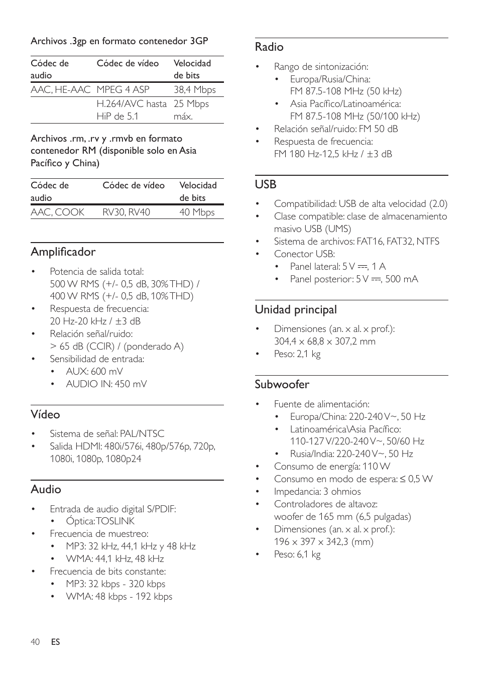 Amplificador, Vídeo, Audio | Radio, Unidad principal, Subwoofer | Philips Fidelio SoundHub Sistemas de cine en casa 2.1 User Manual | Page 42 / 54