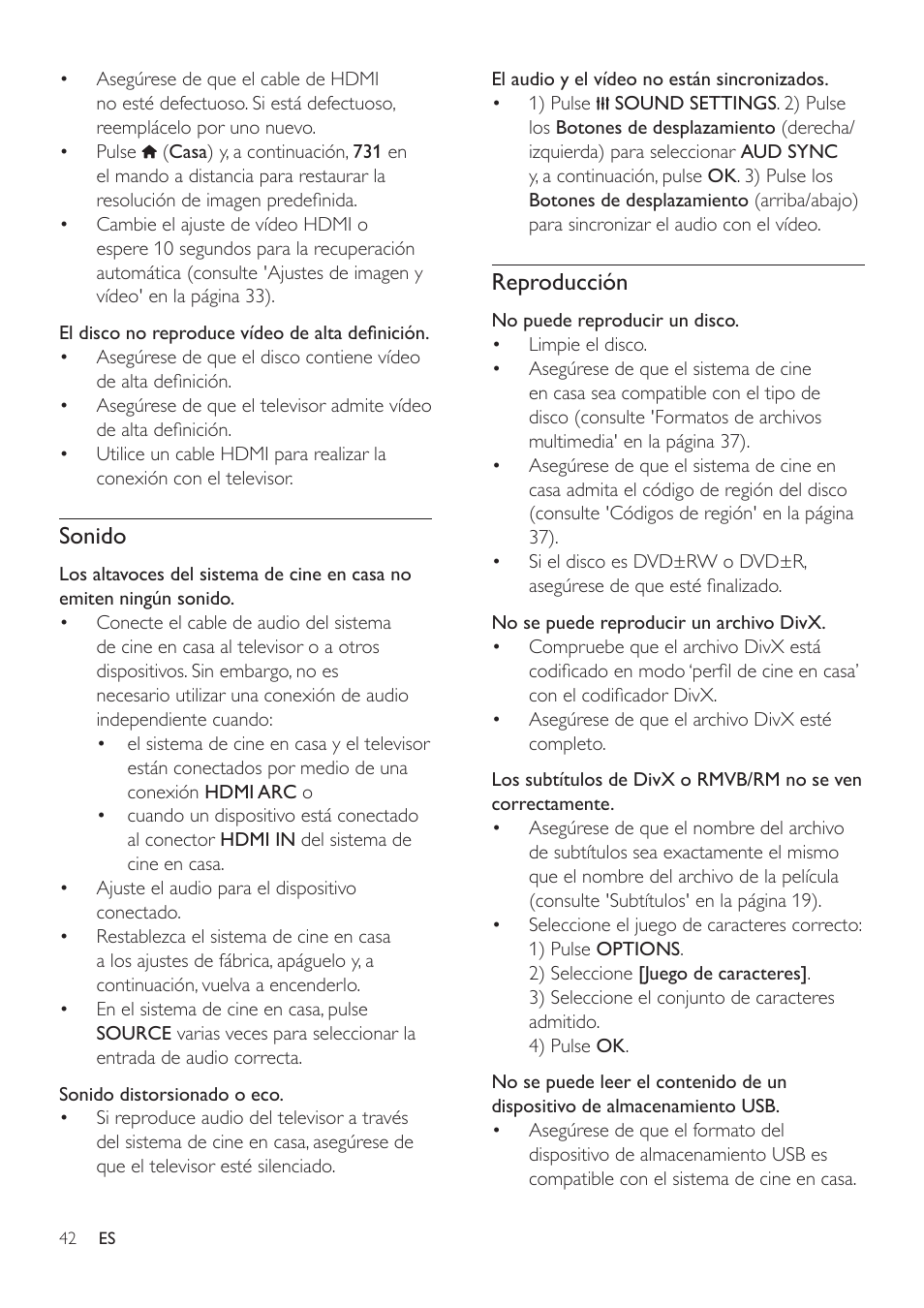 Sonido, Reproducción | Philips Fidelio SoundHub Sistemas de cine en casa 2.1 User Manual | Page 44 / 54