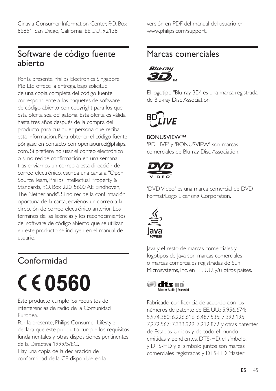 Software de código fuente abierto, Conformidad, Marcas comerciales | Conformidad 45 | Philips Fidelio SoundHub Sistemas de cine en casa 2.1 User Manual | Page 47 / 54
