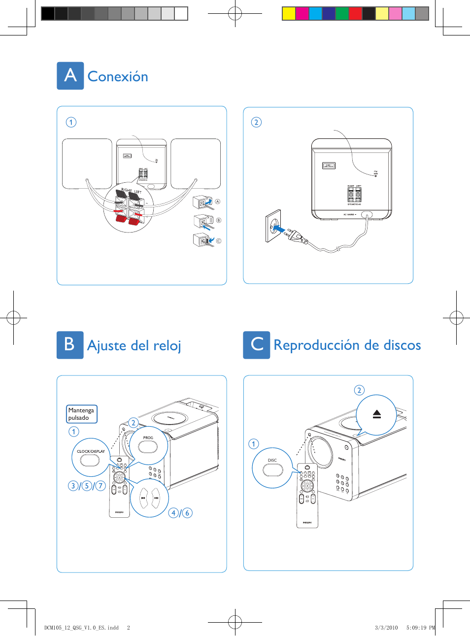 Conexión, Ajuste del reloj reproducción de discos | Philips Microcadena con forma de cubo User Manual | Page 2 / 3