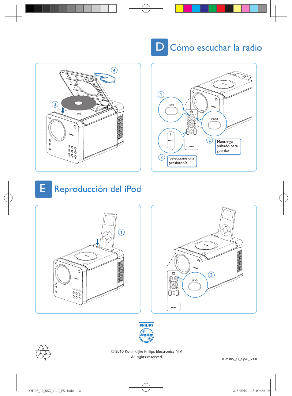 Reproducción del ipod cómo escuchar la radio | Philips Microcadena con forma de cubo User Manual | Page 3 / 3
