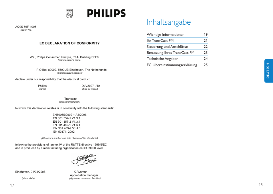 Inhaltsangabe | Philips TransCast FM User Manual | Page 10 / 63