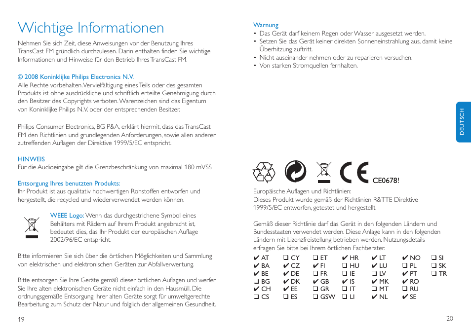 Wichtige informationen | Philips TransCast FM User Manual | Page 11 / 63