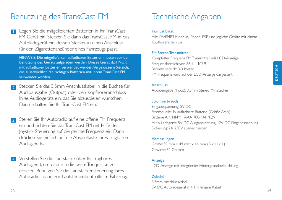 Benutzung destranscast fm, Technische angaben | Philips TransCast FM User Manual | Page 13 / 63