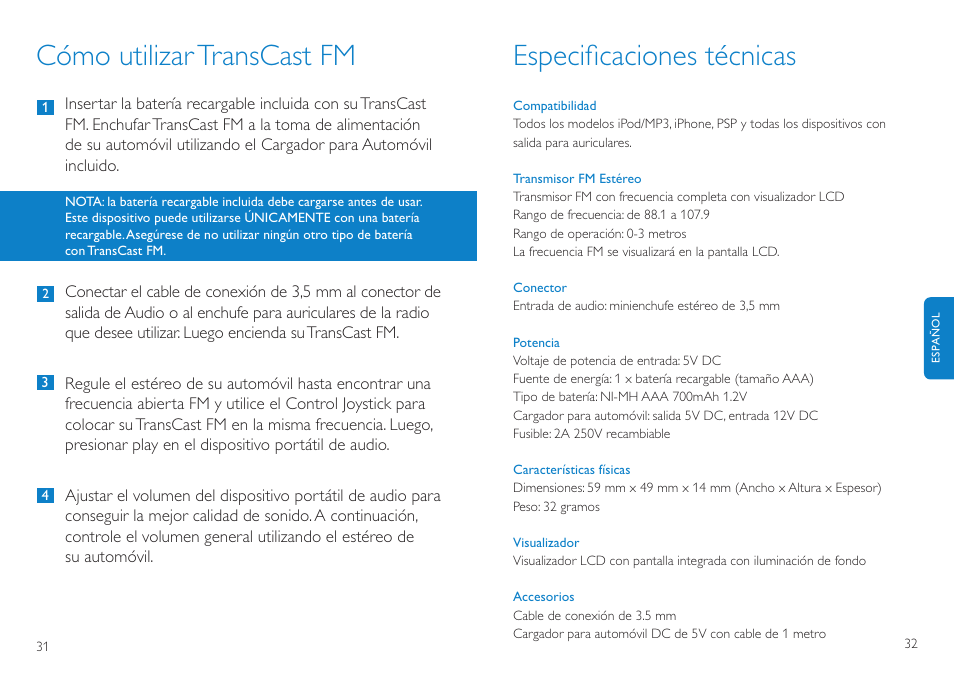 Cómo utilizartranscast fm, Especiﬁcaciones técnicas | Philips TransCast FM User Manual | Page 17 / 63