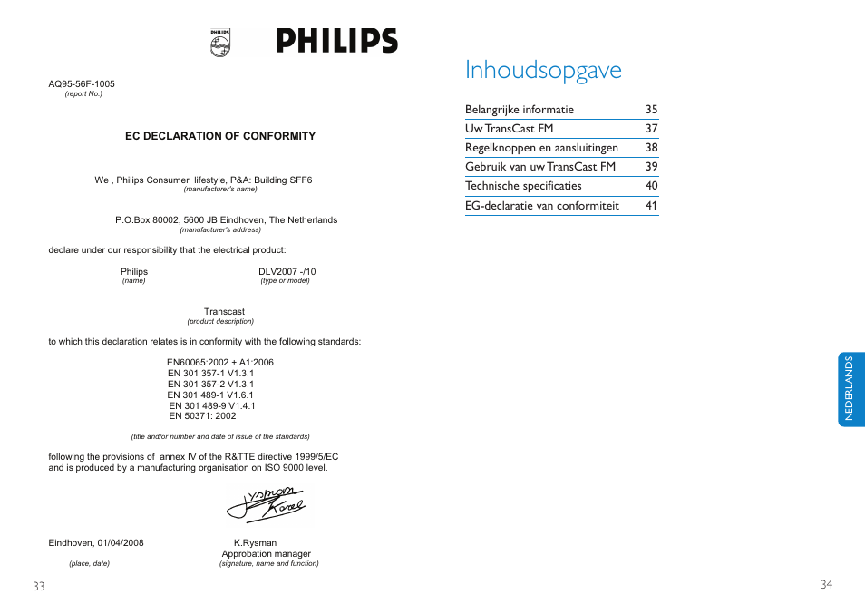 Inhoudsopgave | Philips TransCast FM User Manual | Page 18 / 63