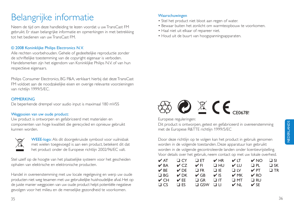 Belangrijke informatie | Philips TransCast FM User Manual | Page 19 / 63