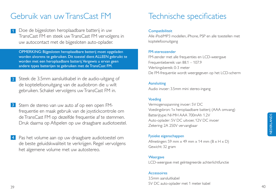 Gebruik van uwtranscast fm, Technische speciﬁcaties | Philips TransCast FM User Manual | Page 21 / 63