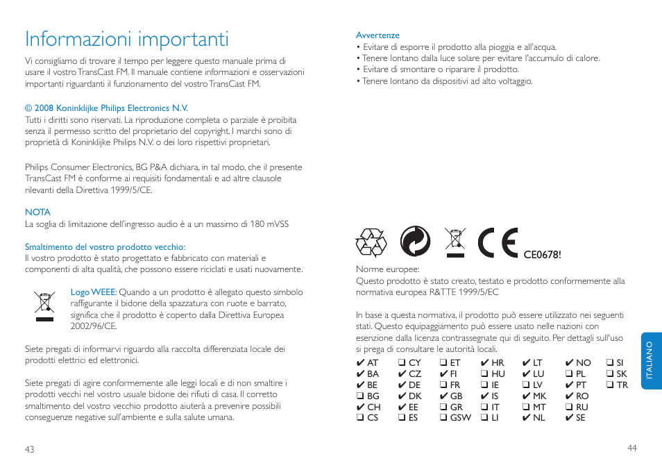 Informazioni importanti | Philips TransCast FM User Manual | Page 23 / 63