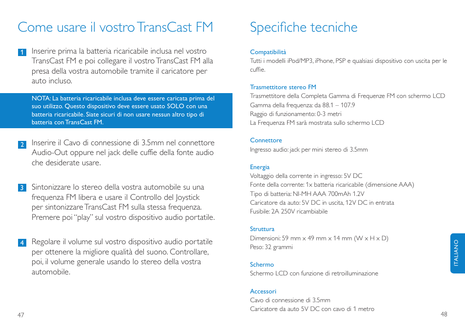 Come usare il vostrotranscast fm, Speciﬁche tecniche | Philips TransCast FM User Manual | Page 25 / 63