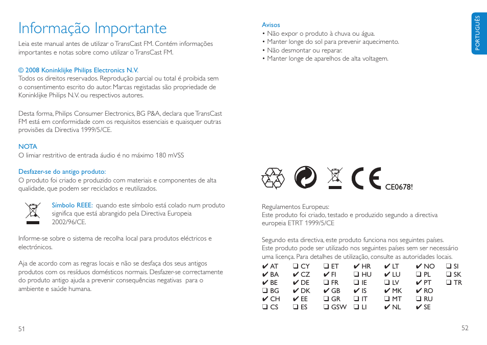 Informação importante | Philips TransCast FM User Manual | Page 27 / 63