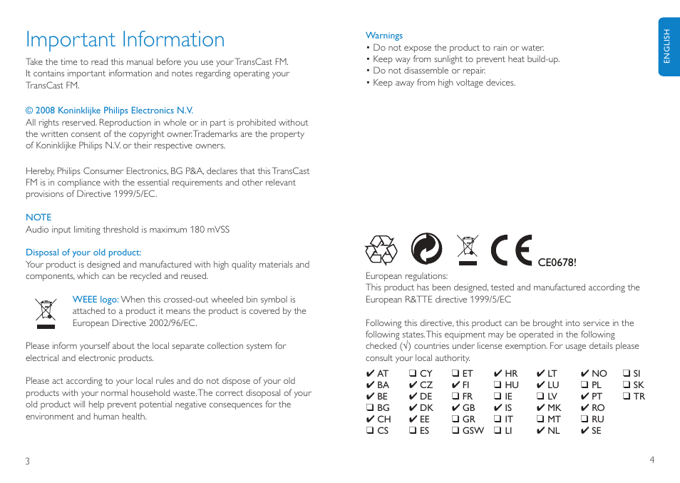 Important information | Philips TransCast FM User Manual | Page 3 / 63