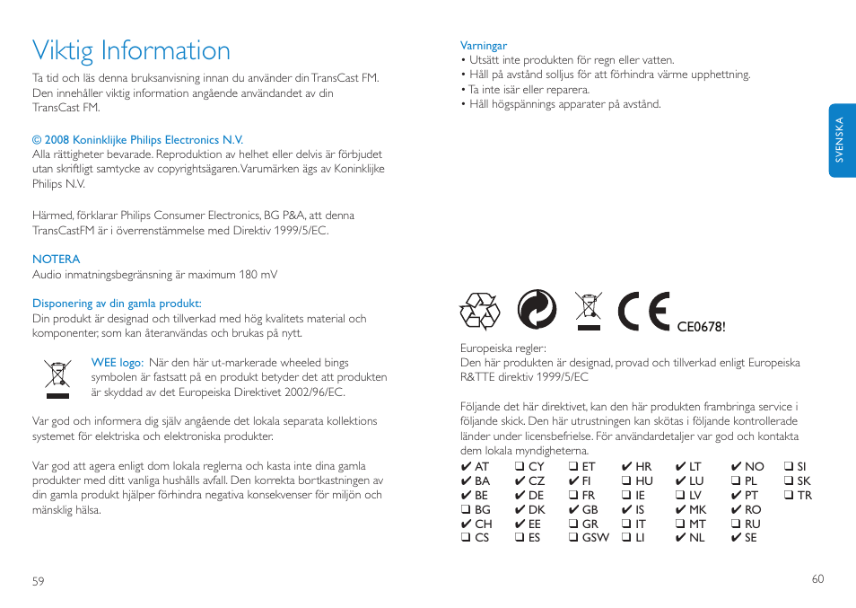 Viktig information | Philips TransCast FM User Manual | Page 31 / 63