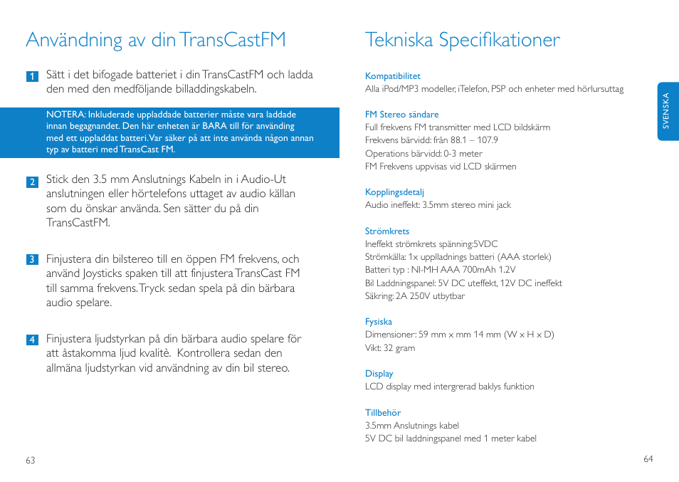 Användning av dintranscastfm, Tekniska speciﬁkationer | Philips TransCast FM User Manual | Page 33 / 63