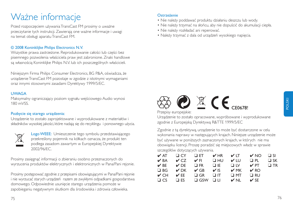 Ważne informacje | Philips TransCast FM User Manual | Page 39 / 63