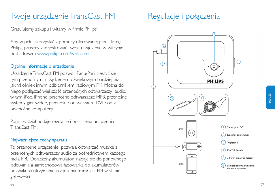 Regulacje i połączenia, Twoje urządzenietranscast fm | Philips TransCast FM User Manual | Page 40 / 63