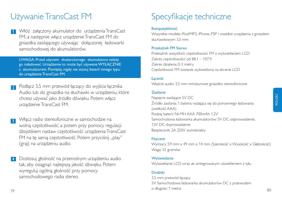 Używanietranscast fm, Specyﬁkacje techniczne | Philips TransCast FM User Manual | Page 41 / 63